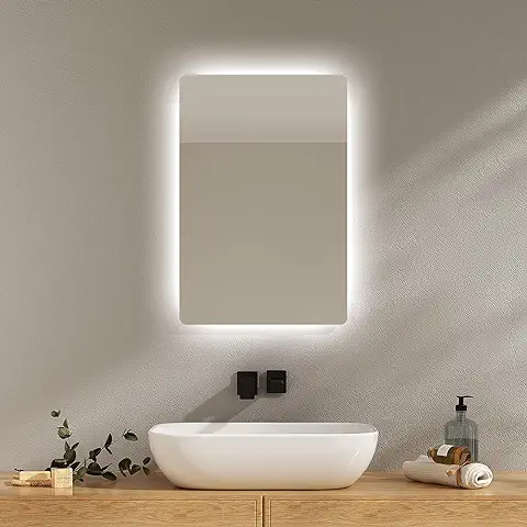 EMKE Espejo con Iluminación, 40 x 60 cm, Espejo de Baño LED Pequeño con Antivaho, 2 Colores de luz Blanco Cálido/blanco Frío, Botón, IP44, Espejo a Prueba de Explosiones  