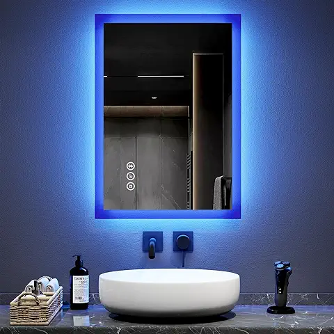 EMKE Espejo de Baño Bluetooth con Enchufe para Afeitadora, 500 x 700 mm, Ambiente Azul, Espejo de Baño Iluminado con 3 Tonos de Color, Regulable, Función de Memoria, Espejo de Tocador de Baño Antivaho  