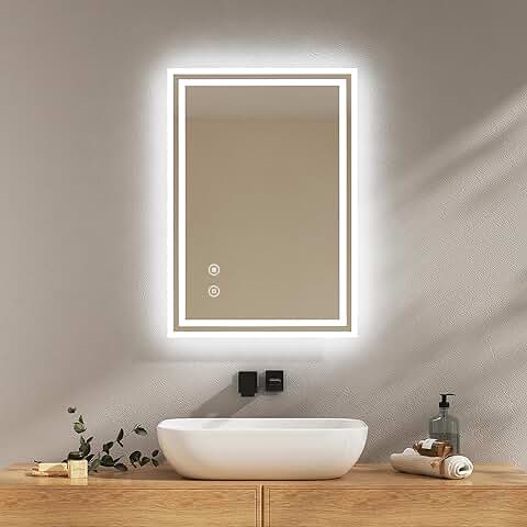 EMKE Espejo de Baño con Iluminación, 50 x 70 cm, Espejo de Baño con Antivaho, luz Blanca Fría, Regulable, Táctil, Función de Memoria, Apagado Automático de 3 Horas, IP44, Ahorro de Energía  