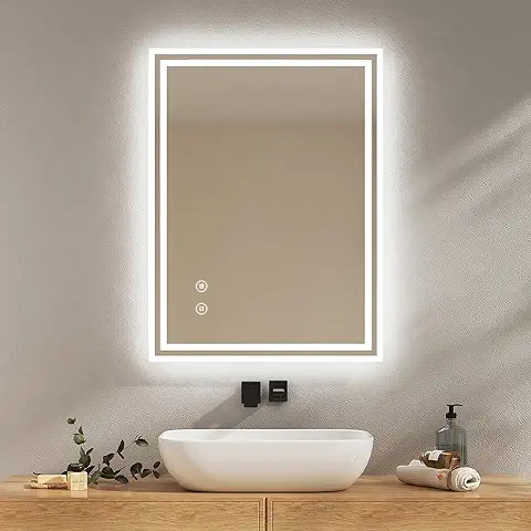 EMKE Espejo de Baño con Iluminación, 80 x 60 cm, Espejo de Baño con Antivaho, luz Blanca Fría, Regulable, Táctil, Función de Memoria, Apagado Automático de 3 Horas, IP44, Ahorro de Energía  