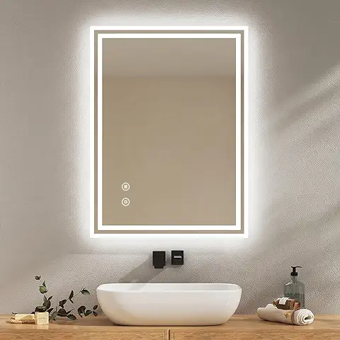 EMKE Espejo de Baño con Iluminación, 90 x 70 cm, Espejo de Baño con Antivaho, luz Blanca Fría, Regulable, Táctil, Función de Memoria, Apagado Automático de 3 Horas, IP44, Ahorro de Energía  