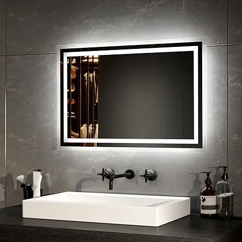 EMKE Espejo de Baño con luz, 40 x 60 cm, LED, Antiniebla, Blanco Frío, Blanco Cálido, Espejo de Baño con Interruptor  