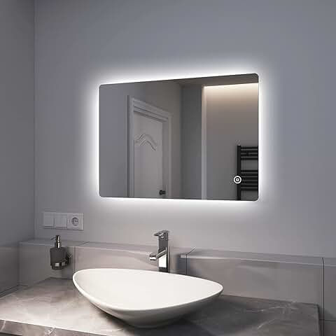 EMKE Espejo de Baño LED 70 x 50 cm, con Interruptor Tactil + Antivaho + Luz Blanca Fria 6500K Espejo Baño Espejo de Pared (Topi I)  