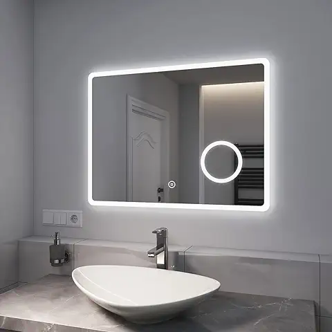 EMKE Espejo de Baño LED 80 x 60 cm, con Interruptor Tactil + Antivaho + Lupa 3 Veces + 3 Luces de Colores + Luz Blanca Fria 6500K Espejo Baño Espejo de Pared (Topi L)  