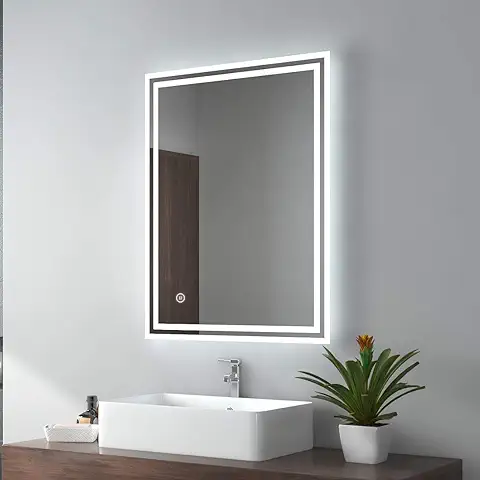 EMKE Espejo de Baño LED 80 x 60 cm, Iluminación Táctil, Antivaho, 3 Colores de luz, Espejo de Pared, IP44, Ahorro de Energía  