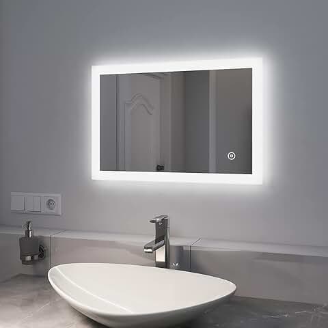 EMKE Espejo de Baño LED, con Iluminación Blanca Cálida 3000K Espejo Baño (Tipo C, 60x40cm Tactil+Antivaho)  