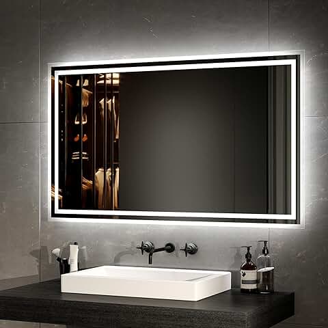 EMKE Espejo de Baño LED de 100 x 60 cm, Espejo de Baño con Iluminación, luz Blanca Cálida y luz Blanca Fría, Espejo de Baño con Antivaho + Botón  