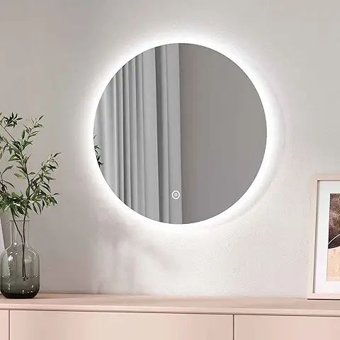 EMKE Espejo de Baño LED Redondo 50 cm con luz Blanca Fría 6500K, con Interruptor Táctil  