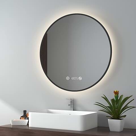 EMKE Espejo de Baño LED Redondo, Espejo con Iluminación, Espejo de Baño de 70 cm, Borde Negro, Espejo de Baño con Táctil, Antivaho, Reloj, Temperatura, Regulable, Función de Memoria, luz Neutra  