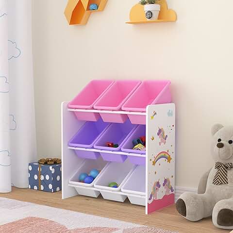 [en.casa] Estantería para Niños Organizador de Juguetes Motivo de Unicornio de 3 Niveles 9 Cajas Aglomerado/Plástico 60 x 62 x 27 cm - Blanco y Rosa/Violeta  