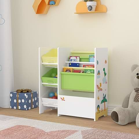 [en.casa] Estantería para Niños Organizador de Libros y Juguetes Motivo de Dinosaurio con 3 Cajas Aglomerado/Poliéster 60 x 65 x 30 cm Multicolor  