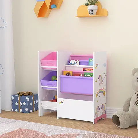 [en.casa] Estantería para Niños Organizador de Libros y Juguetes Motivo de Unicornio con 3 Cajas Aglomerado/Poliéster 60 x 65 x 30 cm Blanco y Púrpura/Rosa  