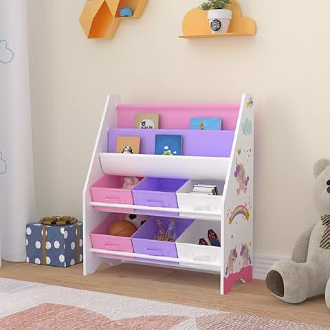 [en.casa] Estantería para Niños Organizador de Libros y Juguetes Motivo de Unicornio con 6 Cajas Aglomerado/Poliéster 74 x 62 x 27 cm Blanco y Rosa/Púrpura  