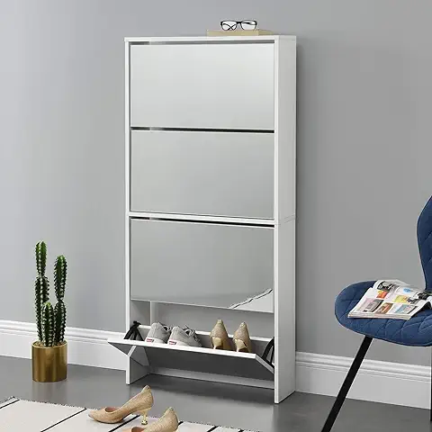 [en.casa] Zapatero con Espejo 134 x 63 x 17cm con 4 Compartimentos de Almacenamiento Mueble Zapatero Organizador de Zapatos Blanco  