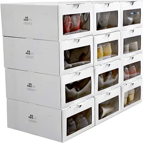 EnOrden 12 Cajas Zapatos Organizador Zapatero Transparente Apilable Blanca Ecológico,hasta Talla 45 Cartón de Fuentes Renovables 24x13x33cm. Ahorra Espacio en el Guardado del Calzado.  