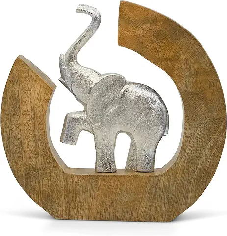 Escultura «Círculo de la Vida» - Moderna Figura Deco de Elefante Hecha a Mano de Aluminio en Madera de Mango - Elefante Plateado de Metal de 24 cm de Altura - Estatua  