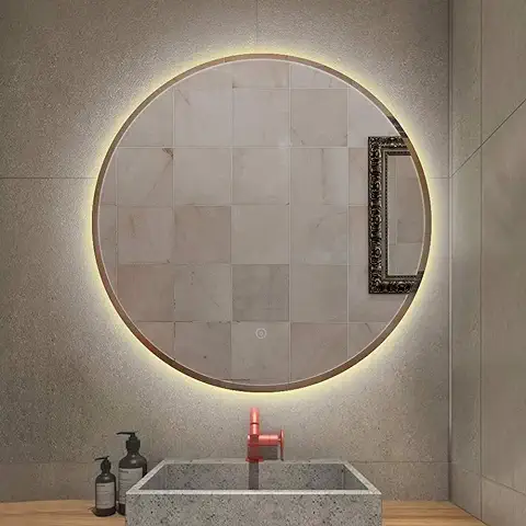 Espejo de Baño Redondo Iluminado, Espejo de Pared LED Ø 70cm con Luz Táctil Antivaho, Luz Blanca Cálida, Bajo Consumo de Energía 24W, Warm Light (Ø 70cm)  