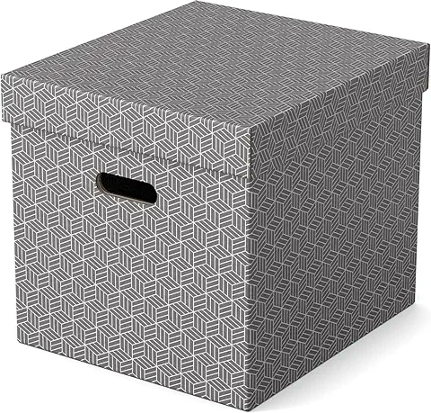 Esselte Caja de Cartón Cuadrada para Almacenaje con Tapa, Pack de 3, Almacenaje y Organización para la Oficina y Casa, 100% Cartón Reciclado, 100% Reciclable, Diseño Geométrico, Gris, 628289  