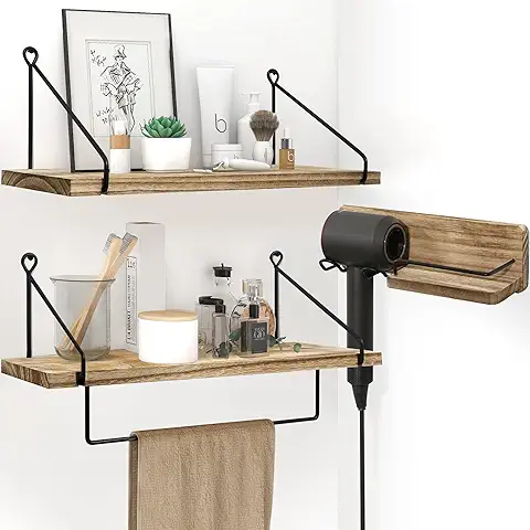 Estanteria Pared de Madera con Toallero y Secador de Pelo, Estante Flotante Juego de 3 con Metal, Organizador Colgante y Decoracion de Hogar, Cocina, Salon, Baño, Oficina Dormitorio  