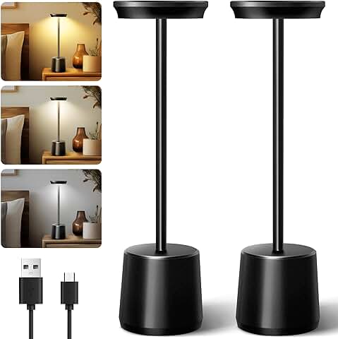 Eufrozy Lámpara de Mesa Inalámbrica, 2PCS Lámpara Escritorio LED Recargable con Batería de 4400 mAh, Lámpara Sobremesa Táctil Negra Regulable para Exterior, Restaurante, Bar, Mesita Noche, Dormitorio  