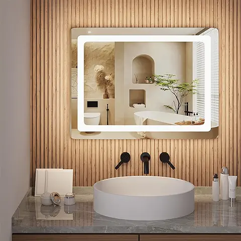 EUGAD Espejo Baño con Luz LED, Espejo de Maquillaje con Brillo Ajustable, con Función Antivaho y Memoria, Espejo Rectangular de Montaje Horizontal/Vertical, IP44, 60x80cm  