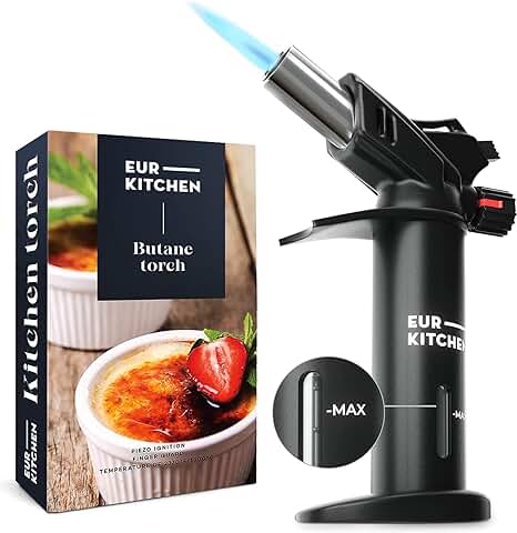 EurKitchen Soplete de Cocina con Indicador, Cerradura de Seguridad, Llama Ajustable y Protector – Soplete Gas Butano Recargable – Mechero Soplete para Cocina Manualidades - Gas Butano No Incluido  