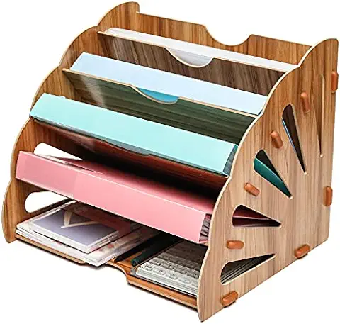 EXERZ Organizador Archivos Madera 5 Niveles Con Cola De Pavo Real Para El Escritorio, Suministros Oficina, Soporte Para Documentos, Estudiante, Cartas Y Revistas, Papelería, Secado De Pintura.  