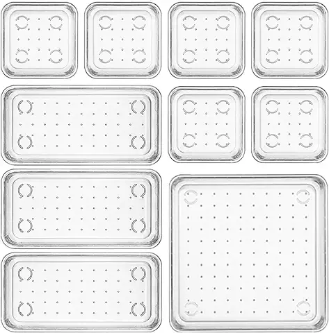 Famhap Organizador de Cajones 10 Piezas, Cajas Bandejas de Plástico Apilables para Almacenamiento en Cajones, Escritorio, Cocina, Baño y Maquillaje  