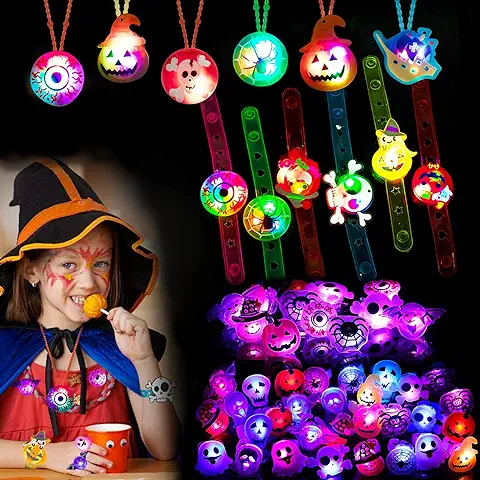 Favores de Fiesta de Halloween para Niños - 54 Piezas, Juguetes, Anillos, Collares, Pulseras, Broches LED, Suministros para Decorar  