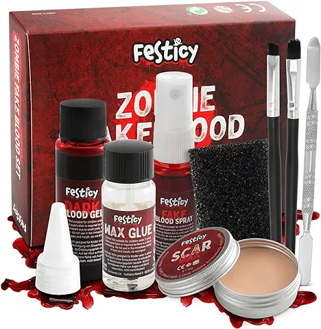 Festicy Halloween Efecto Especial Set de Maquillaje I Sangre Falsa, Cera para Cicatrices, Spray de Sangre y Más - Perfecto para Disfraces de Halloween de Terror de Señoras y Hombres I Vampiro, Zombi  