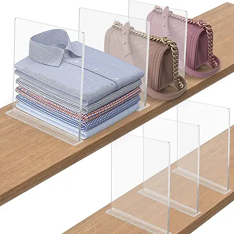 FNG8 Separadores de Cajones y Estantes Acrílicos Transparentes [Pack de 6] - Organizador Armario Vertical - Separadores Transparentes de Cajones para Ropa, Bolsos, Toallas, Zapatos, Bolsas, Libros  