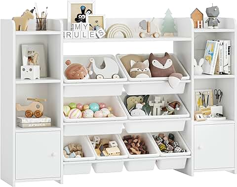 FOREHILL Armario Almacenaje para Guardar Juguetes, Mueble Almacenaje Madera, Organizador Jugetes y Libros, Estantería Infantil, Librería Montessori, Blanco, Moderno,138×94×29cm  