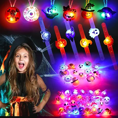 FORMIZON Favores Fiesta Halloween para Niños, 54 PCS Juguetes Luminosos LED Halloween, Artículos Fiesta Cumpleaños Halloween Pinata Decoracion Intermitentes LED Anillos, Pulseras, Broche Collar  