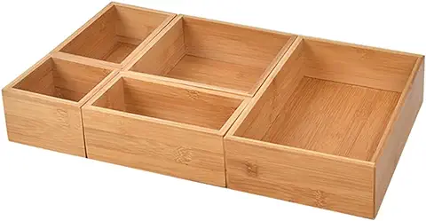 FOROREH Juego de 5 Cajas Organizadoras Paracocina，Rectangular de Bambú Extragrande, Organizador de Madera Apilable para Guardar Cubiertos, para Armarios de Cocina, Cajones o Despensa  