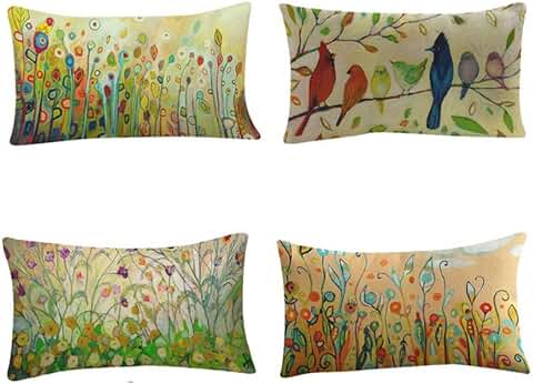 Fossrn Fundas Cojines 30 x 50 Vintage Flor Pájaro Hojas Fundas De Cojines para Sofa Jardin Cama Decoración del Hogar Cuadrado Funda de Almohada (4PC/Set)  