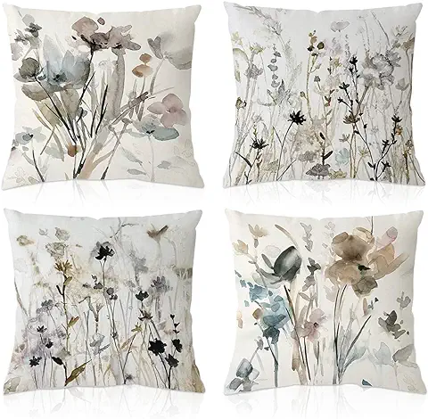 Fundas de Cojines para Sofa, Juego de 4, 40x40cm Fundas de Lino con Flores para Dormitorio,Sala de Estar  