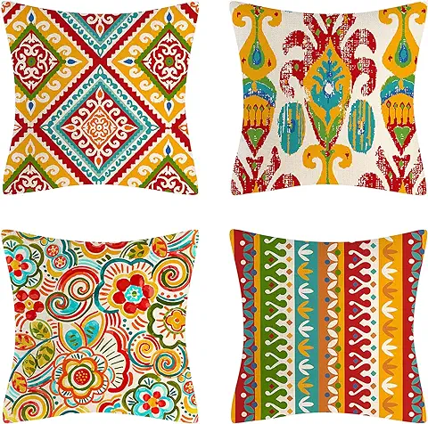 Fundas de Cojín de 45 x 45 cm, Diseño Bohemio Geométrico, Juego de 4 Fundas de Almohada de lino de Algodón, Colorido, Vintage, étnico, Estilo Decorativo, Funda de Almohada para Sofá, Cama, Sillas,  