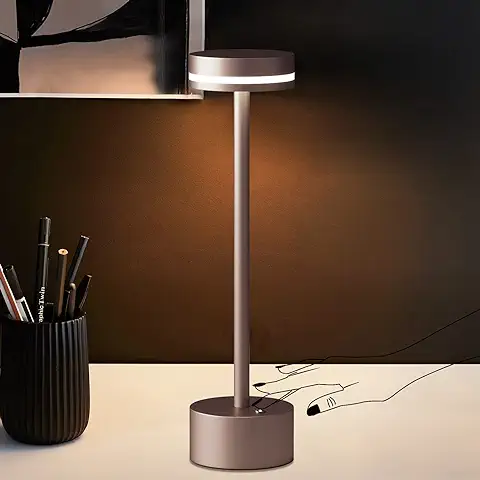 FUNTAPHANTA Lámpara de mesa LED Recargable Inalámbrica con Sensor Táctil, Carcasa de Aluminio, Puerto de Carga USB-C, Lámpara de Noche de Metal Portátil de 3000 K (marrón)  