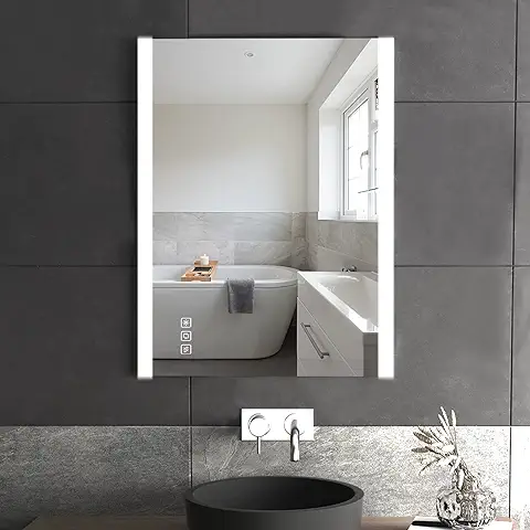 Furduzz Espejo de Baño de 60x45 cm con Luces LED, Espejo de Baño Montado en Pared, Espejos de Baño con Botón Táctil, 3 Colores y Almohadilla Antivaho, Espejo Inteligente IP54  