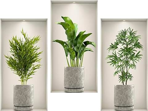 Fyihoxi 3 Piezas Pegatinas de Pared 3d Plantas, 45x23cm Plantas Verdes Pegatinas Pared, Pegatinas de Pared de Planta Adhesivos para Decoración de Pared  