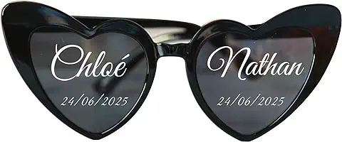 Gafas de sol de Corazón Personalizadas - Pegatinas con su Nombre de Texto, Fecha, etc. Perfectas para Bodas, Despedidas de Soltera, Fiestas, Regalos, Fotomatón, Gadgets  