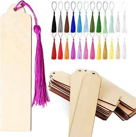 GEBETTER 24Pcs Marcapáginas Madera, 24Pcs Borlas Flecos Colores, Marcadores Libros Marca Páginas en Blanco, Regalo Manualidad Niños Alumnos Amigos Cumpleaños Graduación Navidad Pintar DIY  