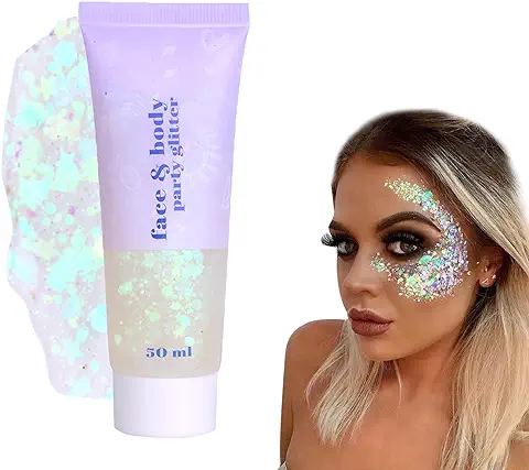 Gel Con Purpurina Holográfica, Chunky Glitter, Gel Facial con Purpurina, Gel Holográfico para Cara y Cuerpo, para Cejas, el Pelo, Labios, Mejillas o Cuerpo  