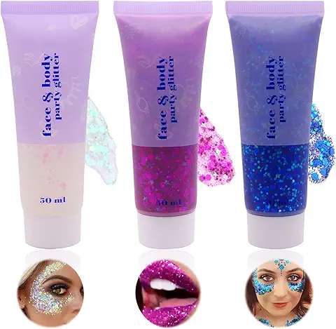 Gel Holográfico para Cara y Cuerpo,Chunky Glitter Gel,Glitter Flakes Paillette,para Cara, Cuerpo, Cabello, Uñas,Brillante Decoración para Pelo(3 Colores) (3 Color)  