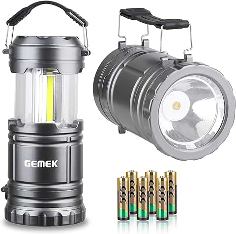 GEMEK 2 Linternas LED para Acampar con Pilas, Portátiles, 2 en 1, Plegables, COB, para Acampar, Coche, Tienda, ático, Garaje, 6 Pilas AA Incluidas (gris)  