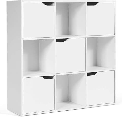 GIANTEX Estantería con 9 Compartimentos, Estantería con Forma de Cubo con 5 Puertas de Madera, para Oficina para Libros, DVD, Juguetes (Blanco)  