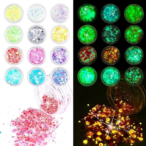 Giantree 12 Colores Purpurina Fluorescente, Kit Purpurina Fluorescente Maquillaje Purpurina Cara Purpurina Cuerpo Purpurina Lentejuelas para Uñas Cara Pelo Fiesta DIY Manualidades  