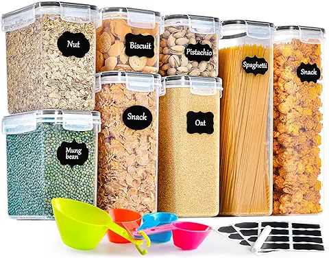 GoMaihe Botes Cocina, Juego de 8 Piezas de Recipiente de Botes Cocina Almacenaje de Plástico de Alimentos Sellados con Tapa, Se Utiliza para Almacenar Cereales, Pasta, Arroz, Harina, Etc  