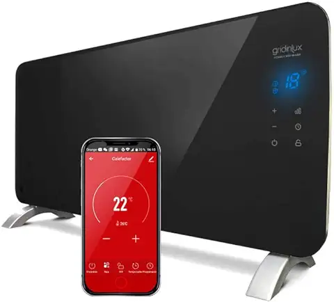 Gridinlux | Radiador Eléctrico Silencioso Programable | Control Móvil App y WIFI | 2 Potencias | Bajo Consumo | Apto para Baños | Homely WiFi Warm Black 2000W | Resistencia IP24  