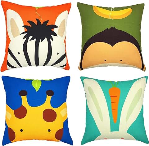 Gspirit 4 Pack Niños Linda Caricatura Animal Algodón Lino Throw Pillow Case Funda de Almohada para Cojín 45x45 cm  